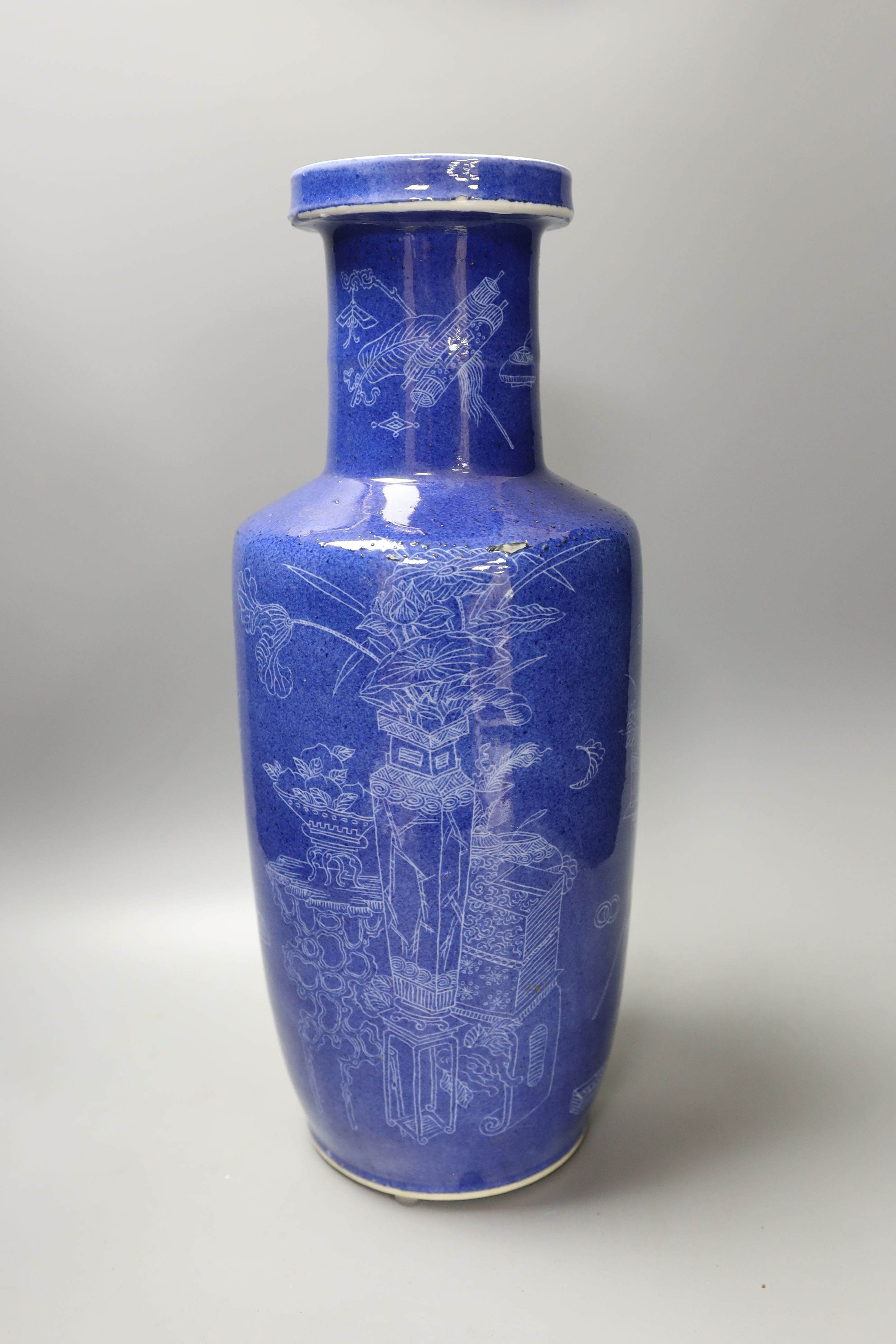 An early 20th century Chinese powder blue sgraffito rouleau vase - 44.5cm tall